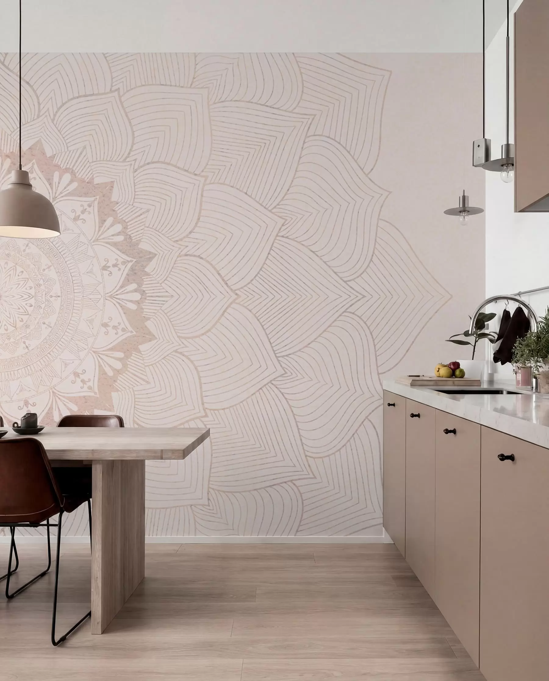 wall murals Округла мандала, тапета за јога простор или за хармонизацију личног простора. Зидна мандала у топлим пастелним бојама на текстурираној неправилној позадини w01088