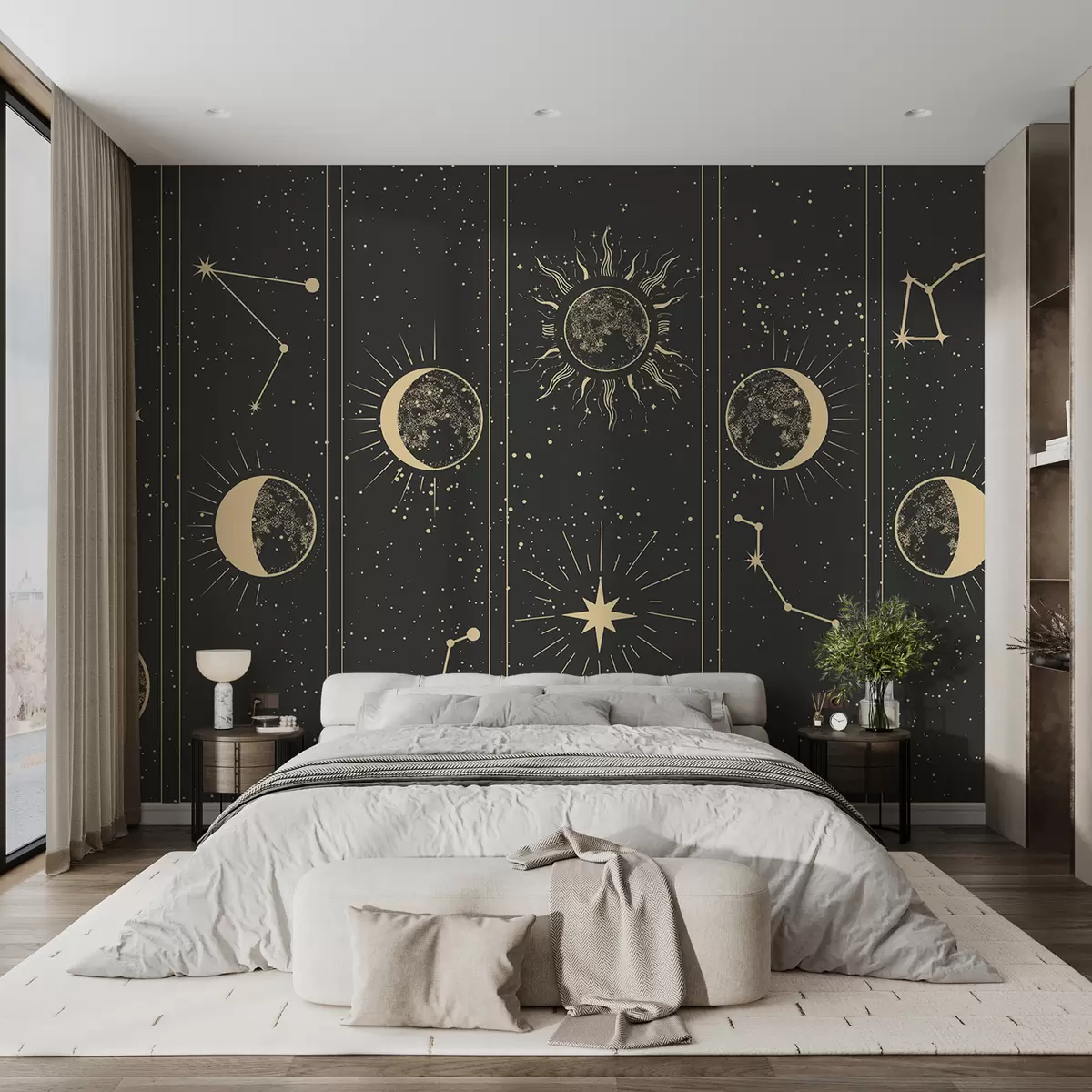 wall murals Фаза месеца, сунце, тамно смеђа позадина w01537v1