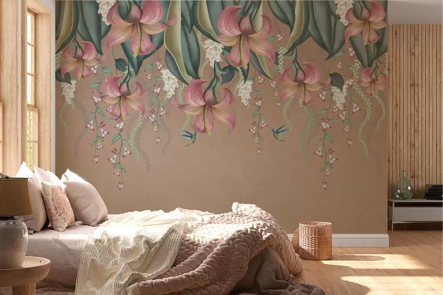 wall murals Деликатни ботанички мотив са висећим љиљанима, цвећем и колибрима на грунге зиду w01523