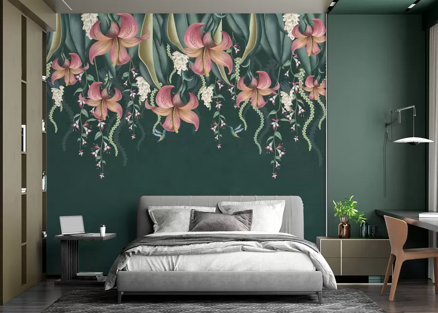 wall murals Деликатни ботанички мотив са висећим љиљанима, цвећем и колибрима на зеленом грунге зиду w01523v3
