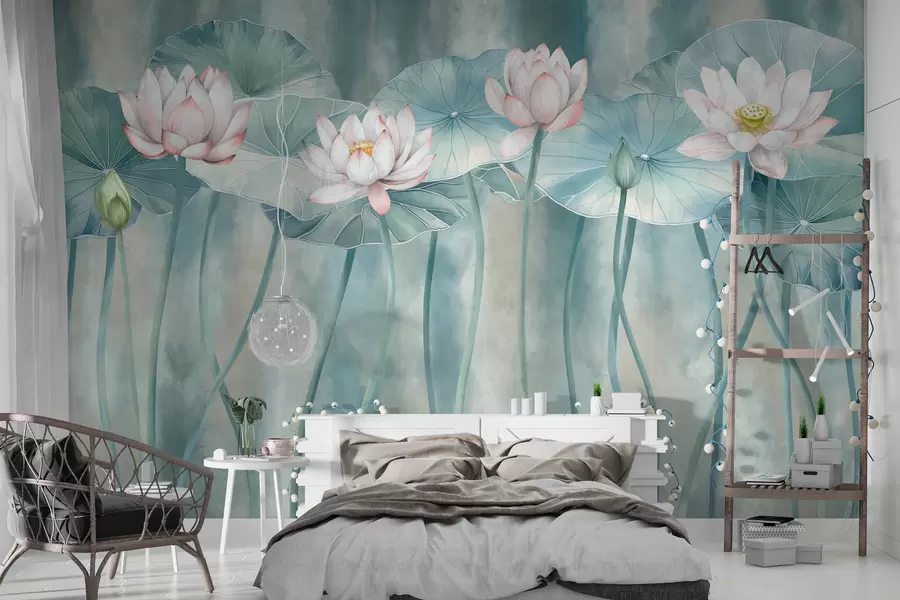 wall murals Цветови и листови лотоса на грунге зиду w01622