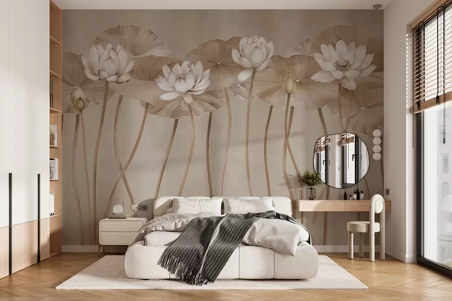 wall murals Беж цветови и листови лотоса  w01622v3