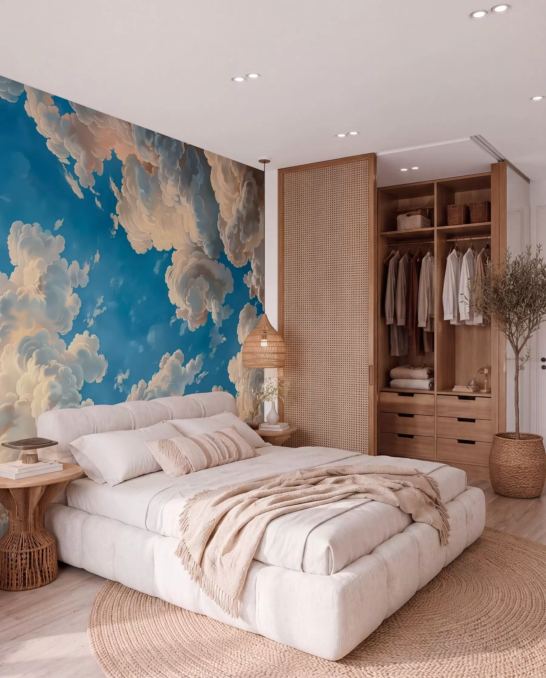 wall murals Хмари у топлим кремастим, нежно бресквастим и бледим нијансама на позадини дубоког, светло плавог неба w01583