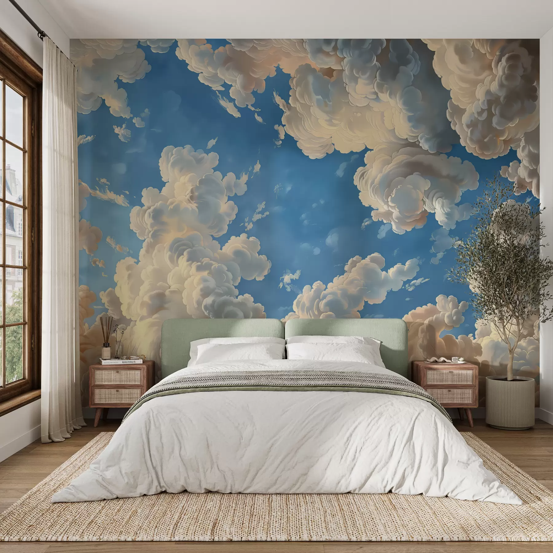 wall murals Хмари у топлим кремастим, нежно бресквастим и бледим нијансама на позадини дубоког, светло плавог неба w01583