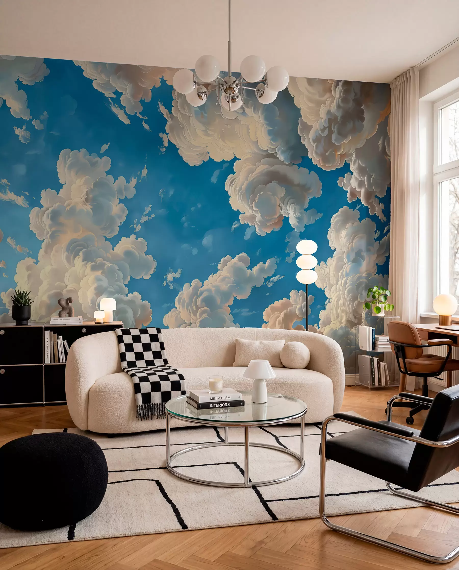 wall murals Хмари у топлим кремастим, нежно бресквастим и бледим нијансама на позадини дубоког, светло плавог неба w01583