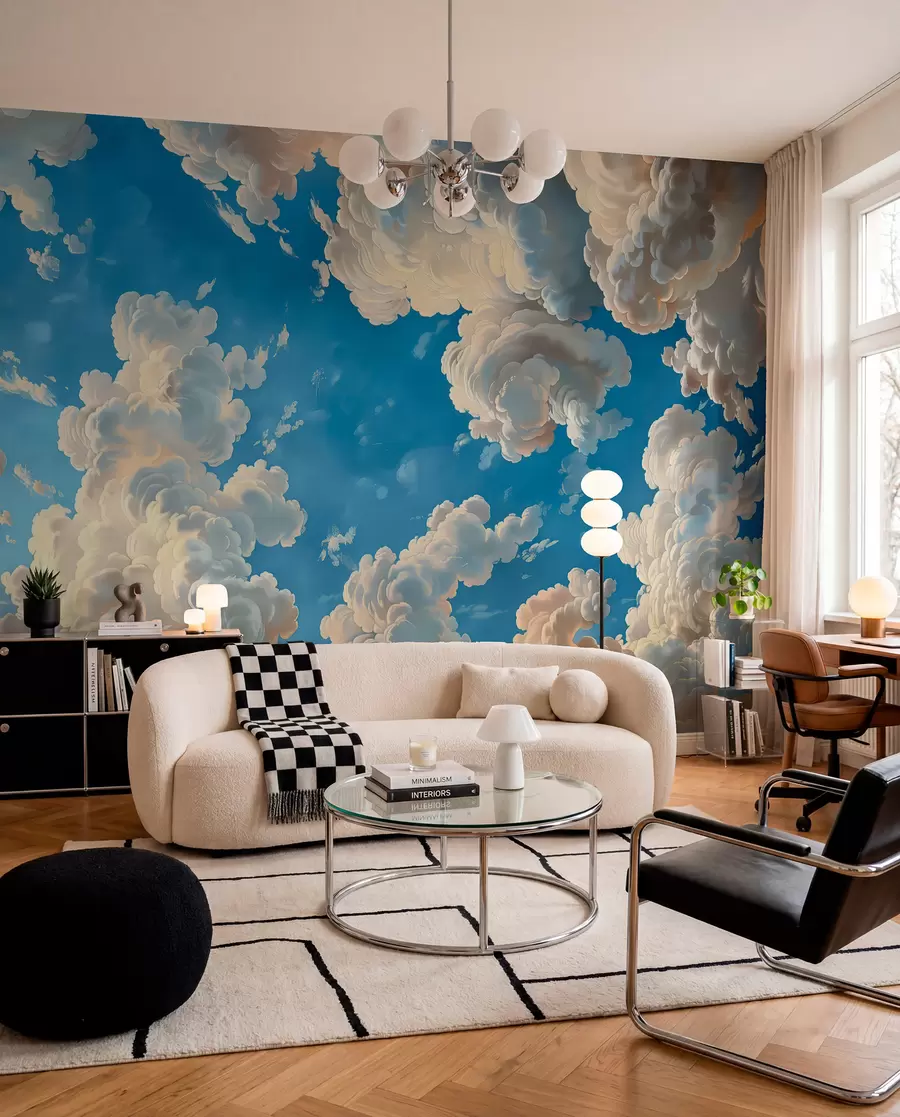 wall murals Хмари у топлим кремастим, нежно бресквастим и бледим нијансама на позадини дубоког, светло плавог неба w01583