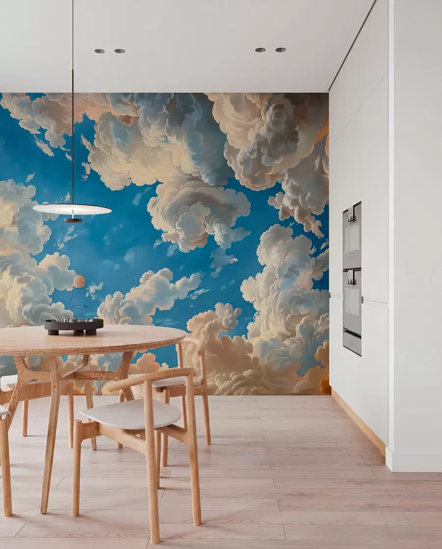 wall murals Хмари у топлим кремастим, нежно бресквастим и бледим нијансама на позадини дубоког, светло плавог неба w01583