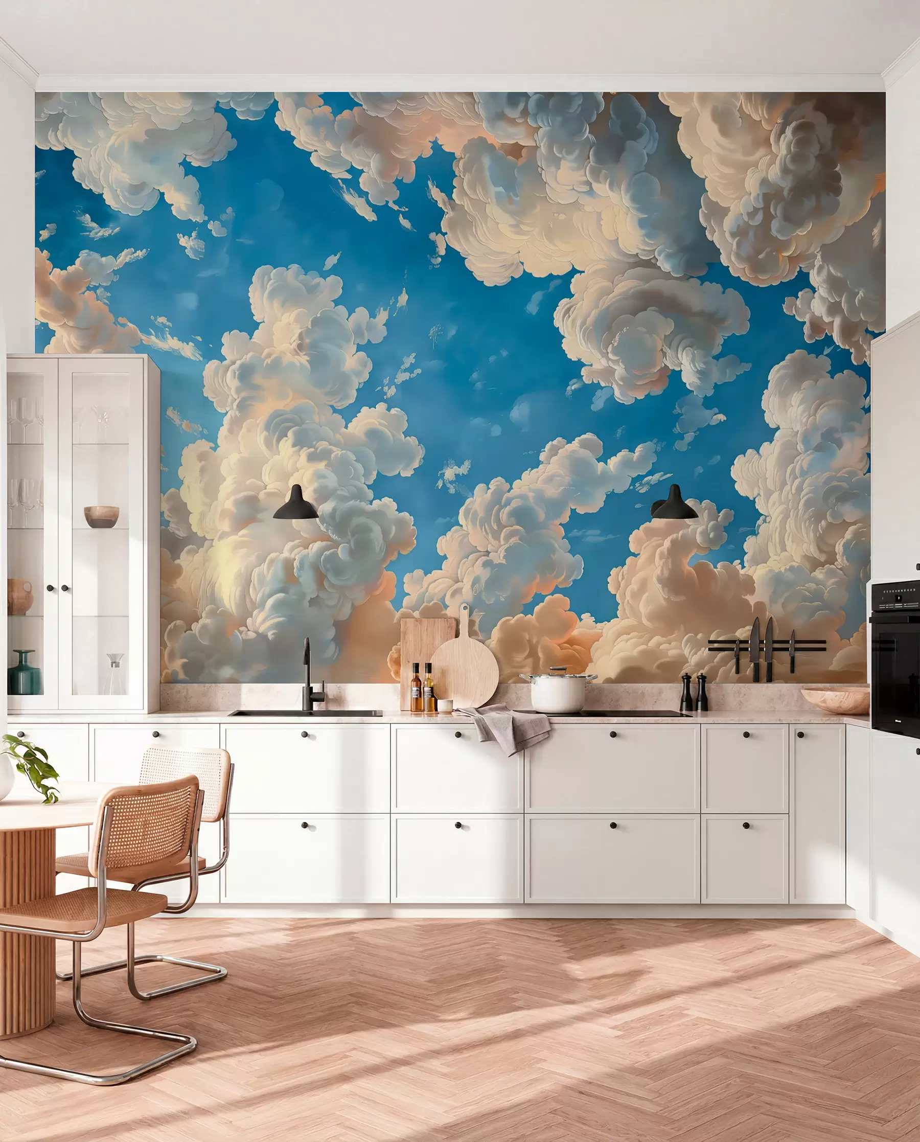 wall murals Хмари у топлим кремастим, нежно бресквастим и бледим нијансама на позадини дубоког, светло плавог неба w01583