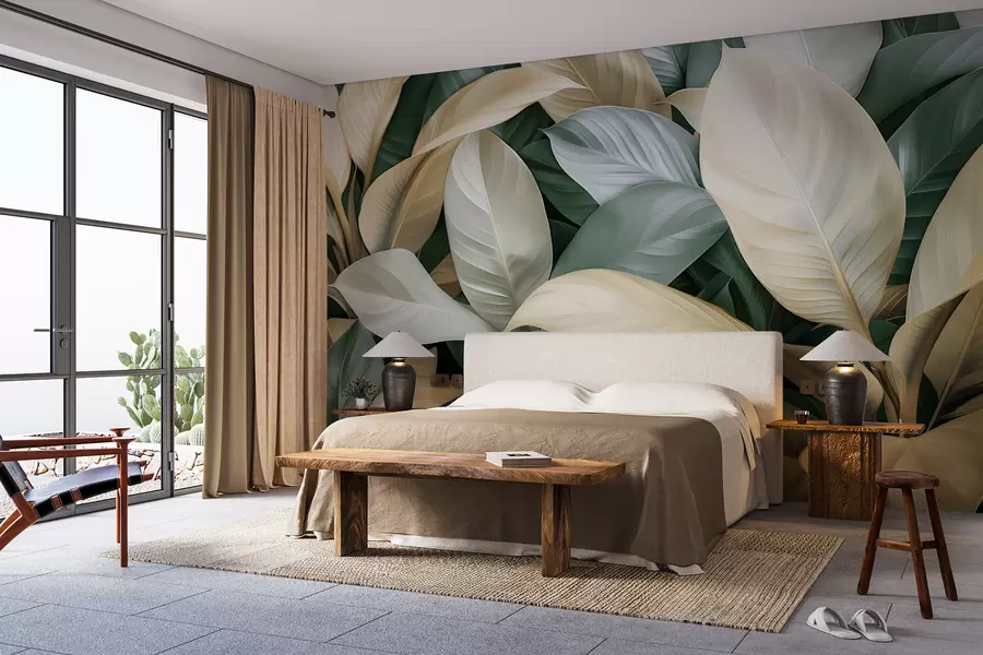 wall murals Велики тропски листови зелене и беж боје w01587v1