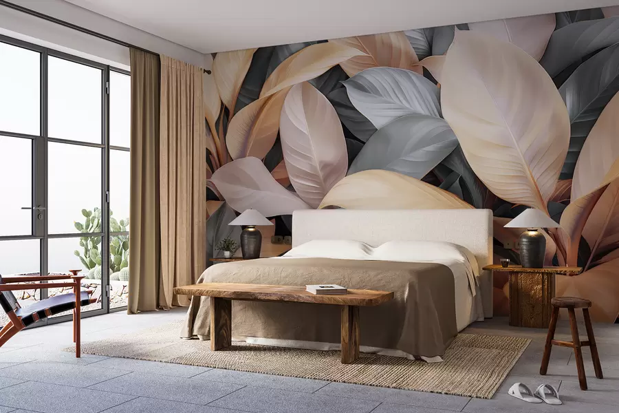 wall murals Велики тропски листови плаве и беж боје w01587v2