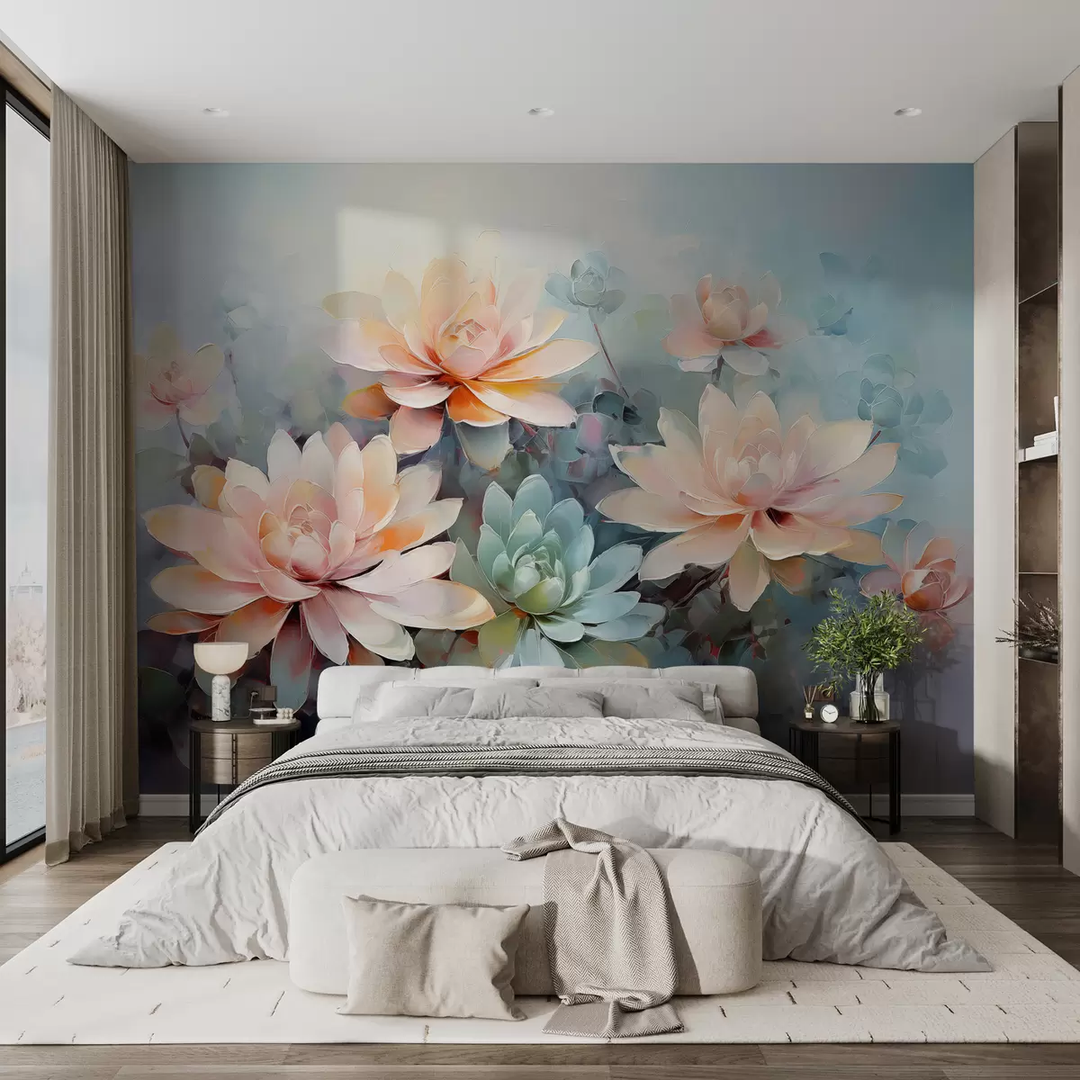 wall murals Нежно расцветано цвеће на сиво-плавој позадини w01654