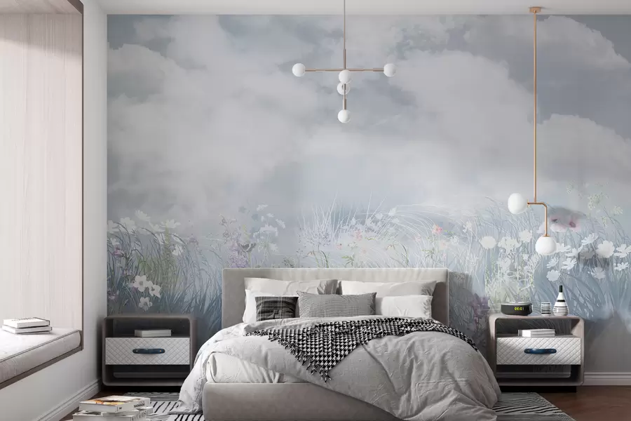 wall murals Дивље цвеће и трава са балканским небом и облацима w01624