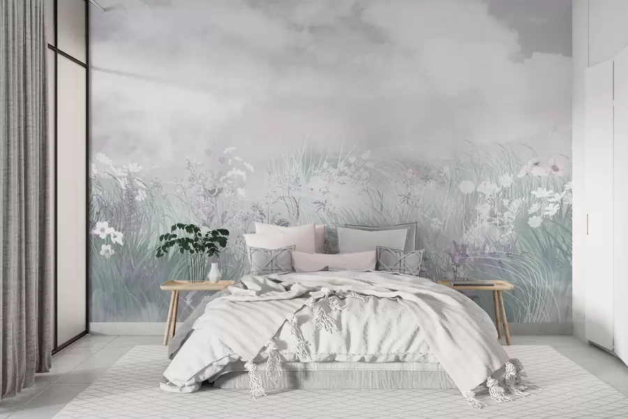 wall murals Дивље цвеће и трава са ружичастим небом и облацима w01624v1