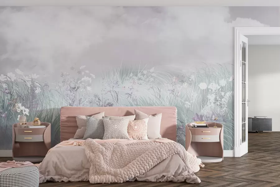 wall murals Дивље цвеће и трава са ружичастим небом и облацима w01624v1