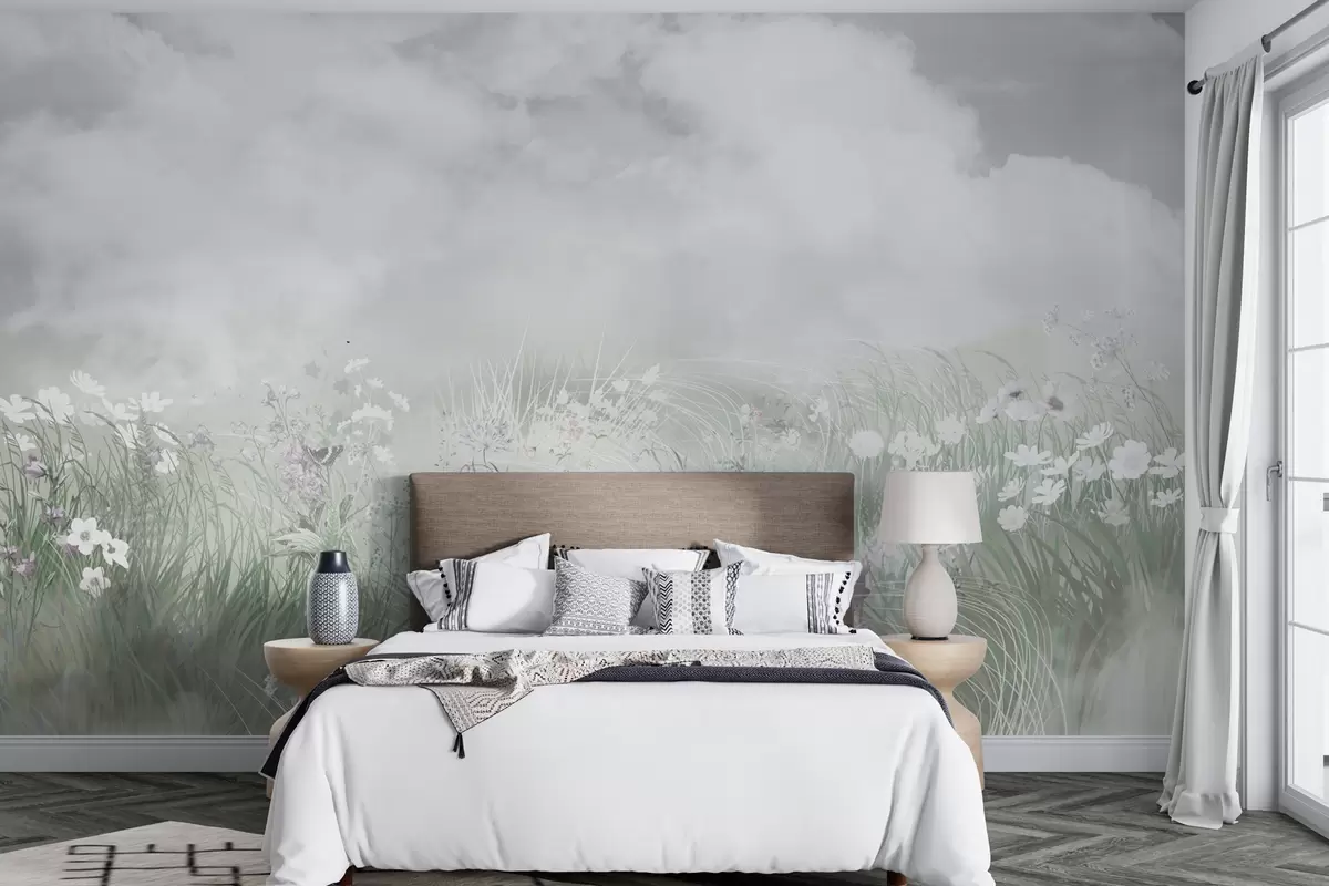 wall murals Дивље цвеће и траве са сивим небом и облацима w01624v3