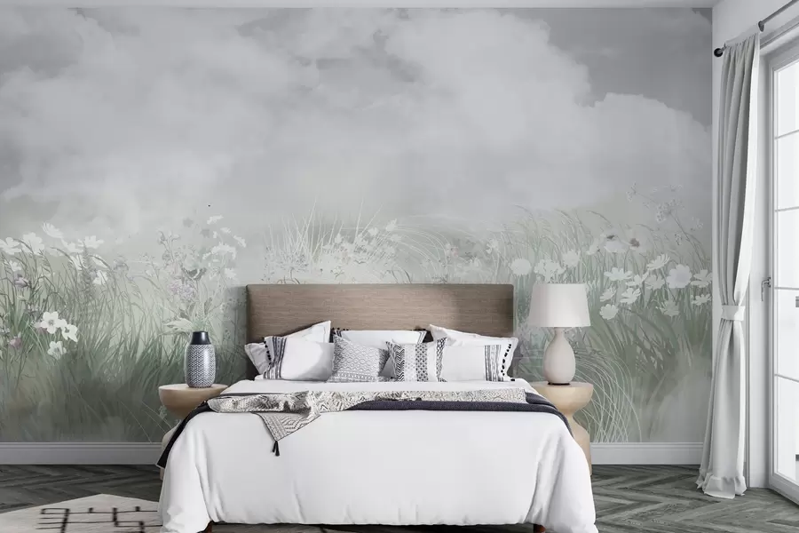 wall murals Дивље цвеће и траве са сивим небом и облацима w01624v3