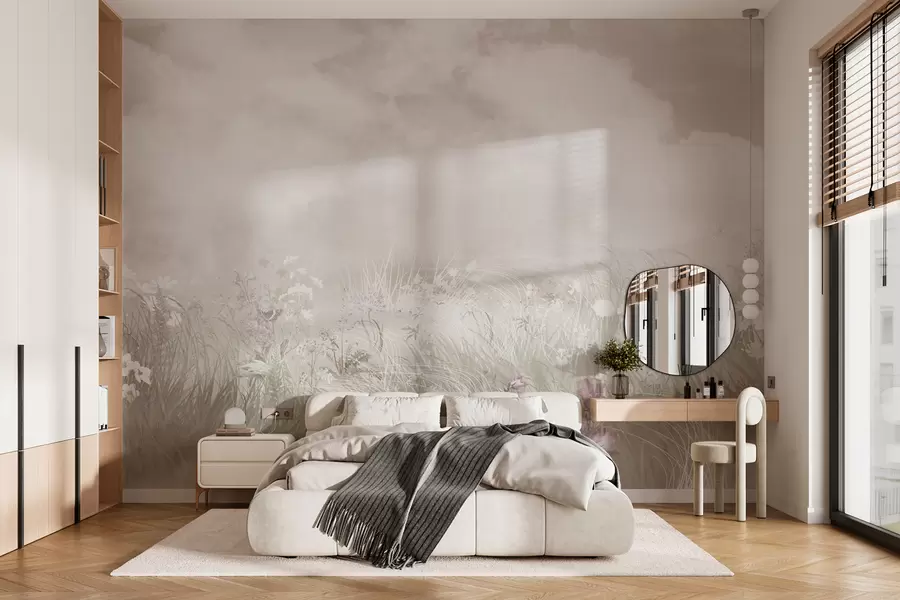wall murals Дивље цвеће и трава са бледо ружичастим небом и облацима w01624v4
