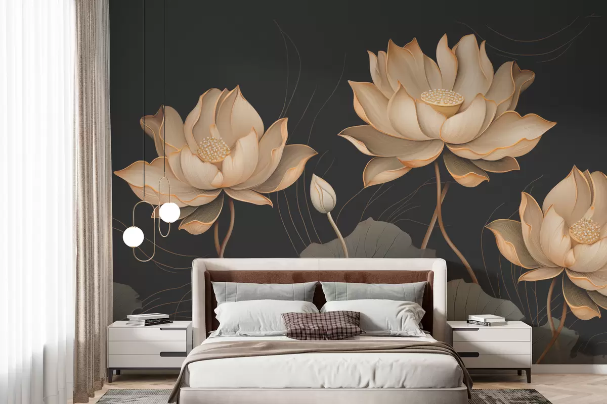 wall murals Велики лотосови цветови на тамној позадини w01640