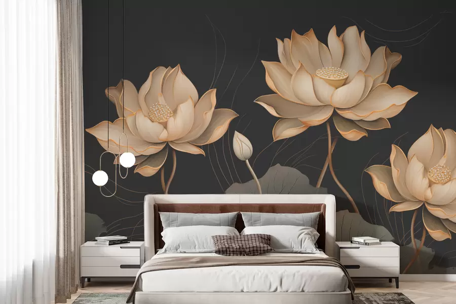 wall murals Велики лотосови цветови на тамној позадини w01640
