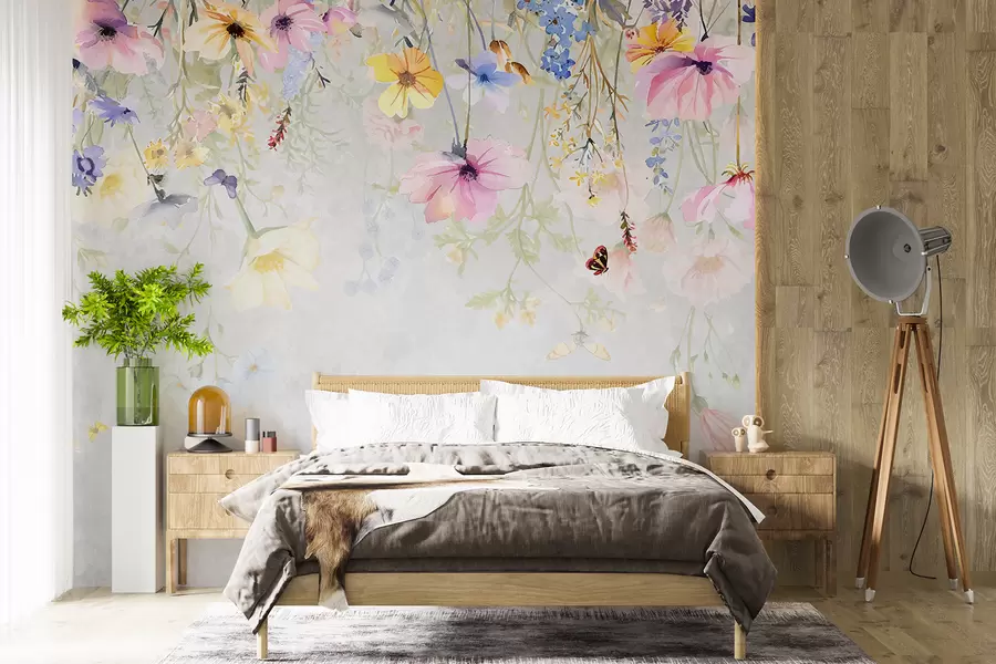 wall murals Шарени цветови са ружичастим, жутим и плавим цветовима који виси са врха на текстурираној сивој позадини w08309