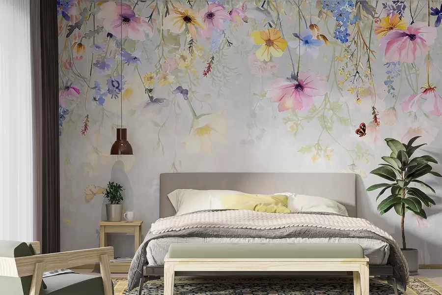 wall murals Шарени цветови са ружичастим, жутим и плавим цветовима који виси са врха на текстурираној сивој позадини w08309