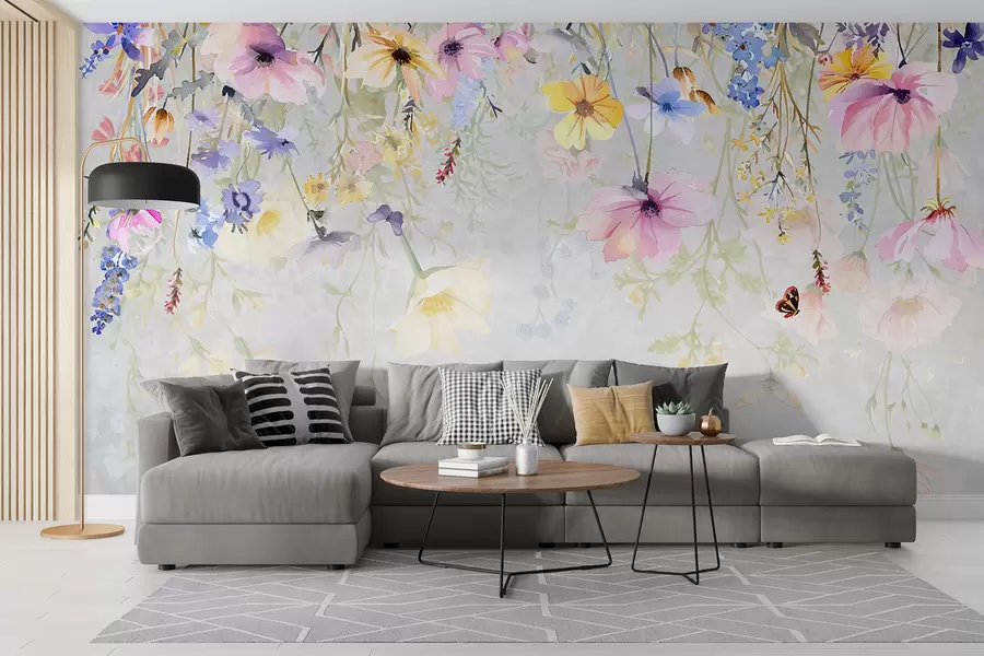 wall murals Шарени цветови са ружичастим, жутим и плавим цветовима који виси са врха на текстурираној сивој позадини w08309