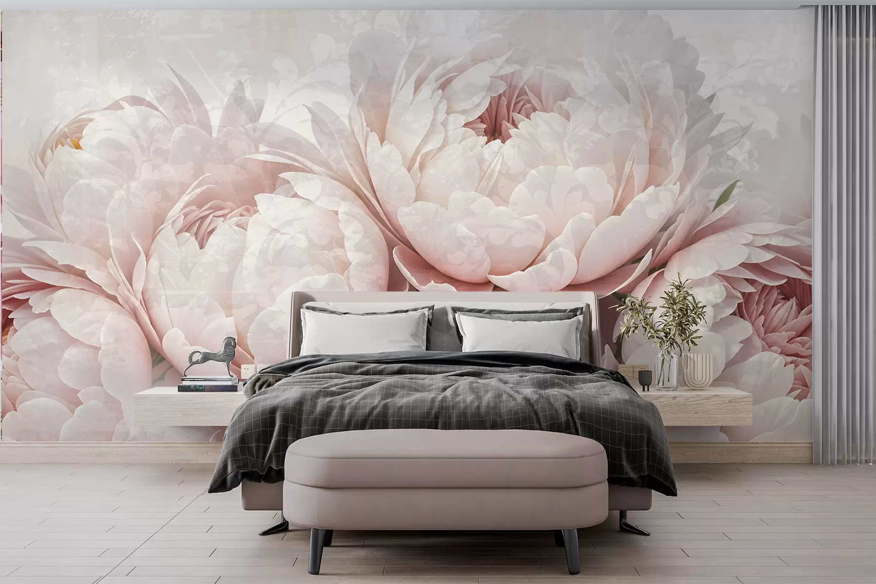 wall murals Нежни ружичасти божури са деликатним латицама на светлој текстурној винтаге позадини w08312