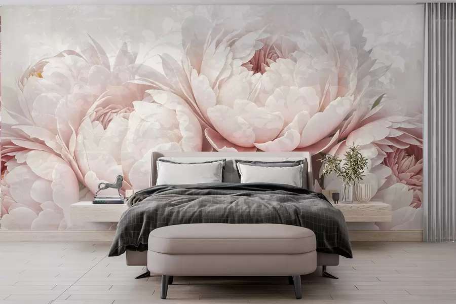 wall murals Нежни ружичасти божури са деликатним латицама на светлој текстурној винтаге позадини w08312