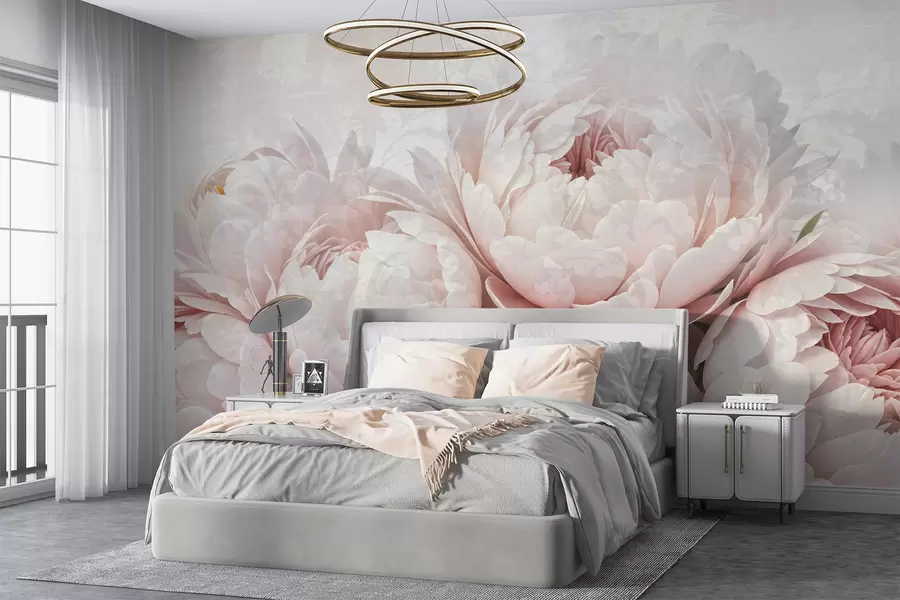 wall murals Нежни ружичасти божури са деликатним латицама на светлој текстурној винтаге позадини w08312