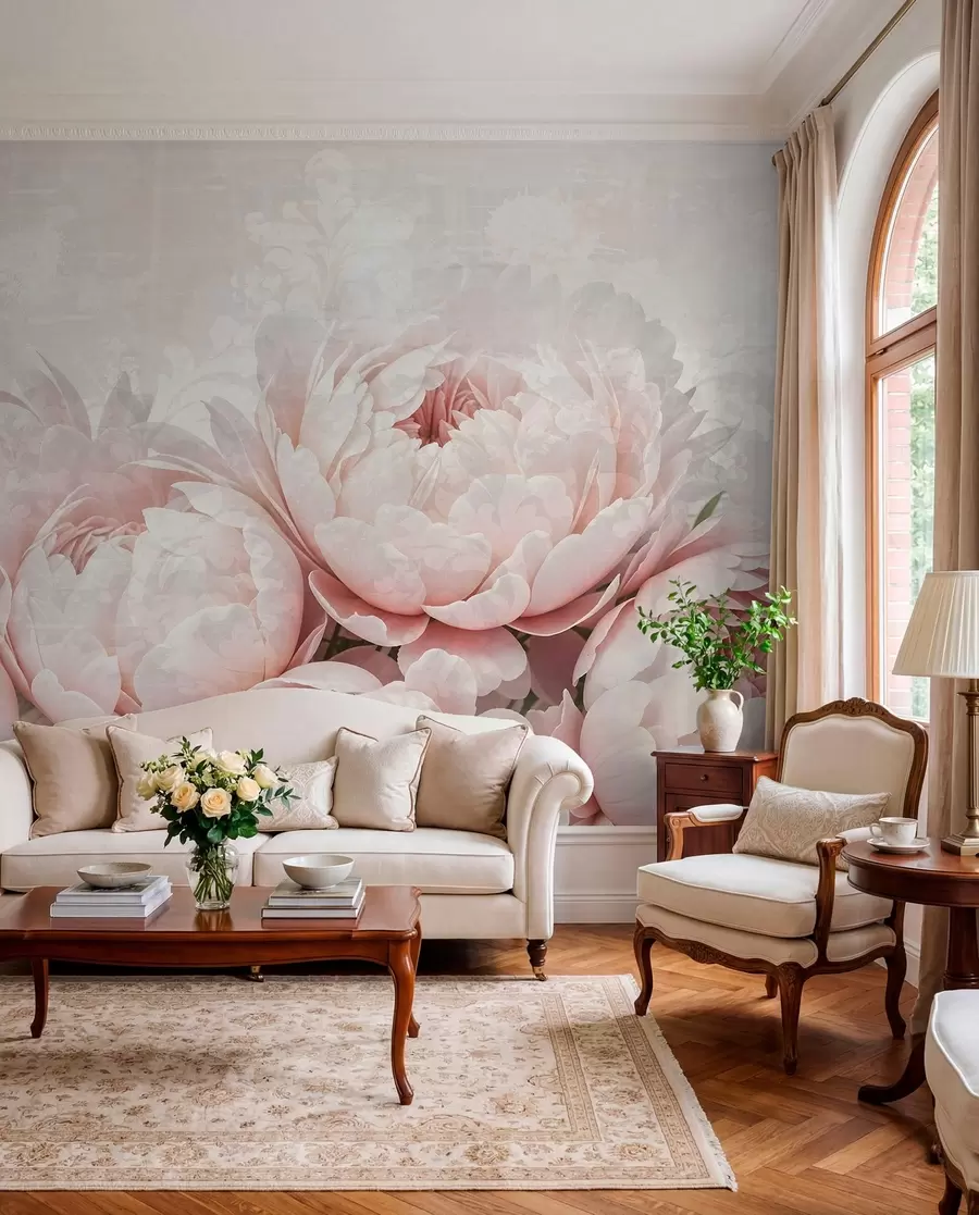 wall murals Нежни ружичасти божури са деликатним латицама на светлој текстурној винтаге позадини w08312