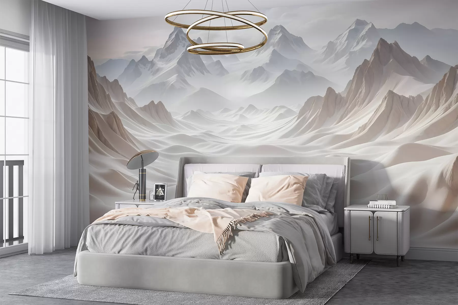 wall murals Снежни планински врхови израњају из магловитог, етеричног пејзажа са валовитим брдима и долинама w08313