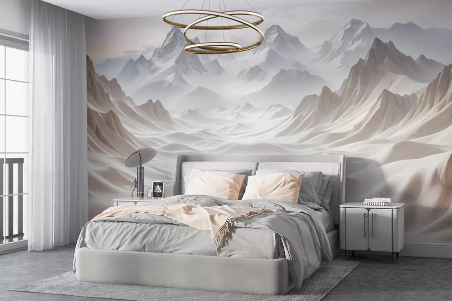 wall murals Снежни планински врхови израњају из магловитог, етеричног пејзажа са валовитим брдима и долинама w08313