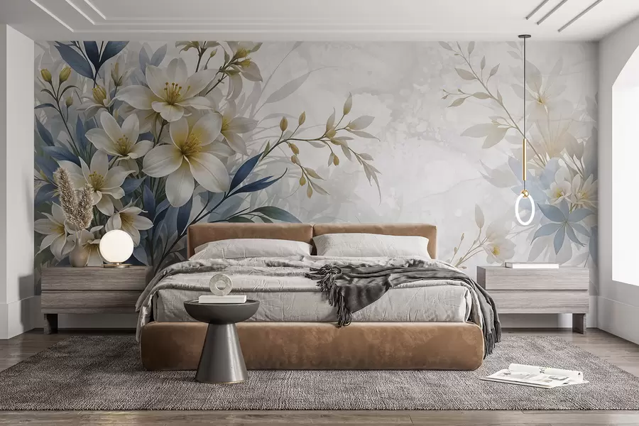 wall murals Бели, беж и плави цветни букет са деликатним листовима на мекој, замућеној позадини w08314