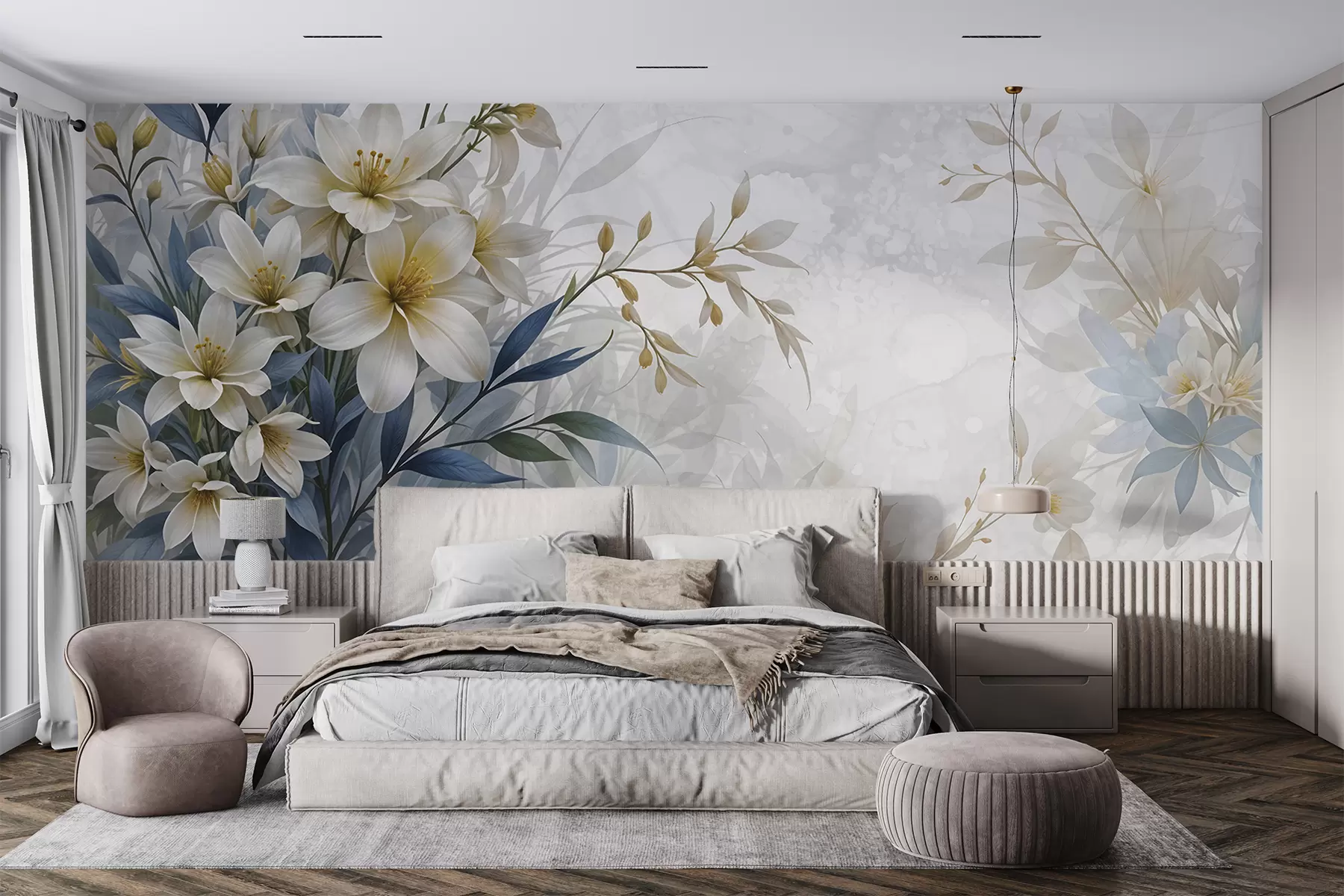wall murals Бели, беж и плави цветни букет са деликатним листовима на мекој, замућеној позадини w08314