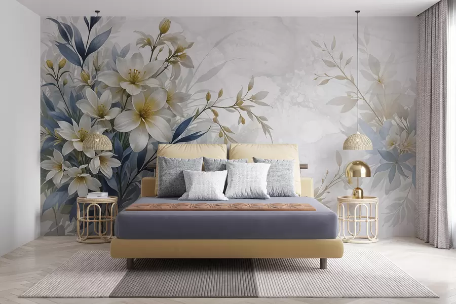 wall murals Бели, беж и плави цветни букет са деликатним листовима на мекој, замућеној позадини w08314