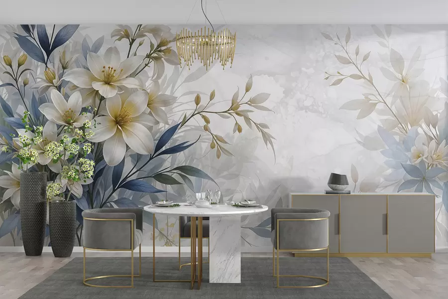 wall murals Бели, беж и плави цветни букет са деликатним листовима на мекој, замућеној позадини w08314