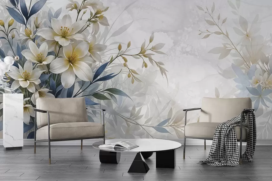 wall murals Бели, беж и плави цветни букет са деликатним листовима на мекој, замућеној позадини w08314
