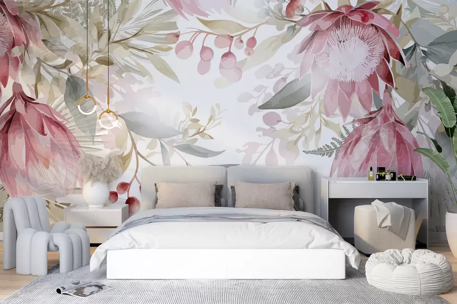 wall murals Велике ружичасте и беле провидне протеје са бујним зеленим листовима на светлој позадини w08315