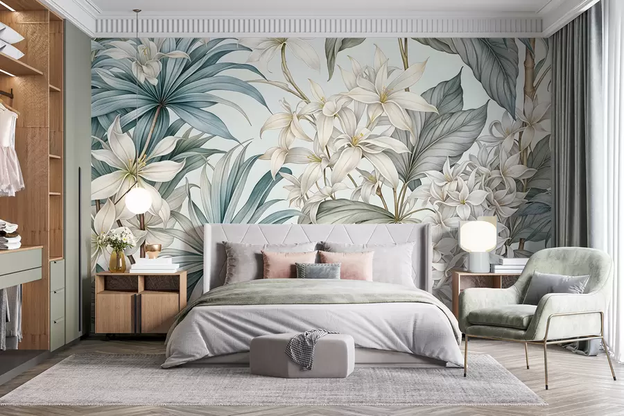 wall murals Тропски цветни принт са великим белим и светлоплавим цветовима, зеленим листовима и неутралном позадином w08318