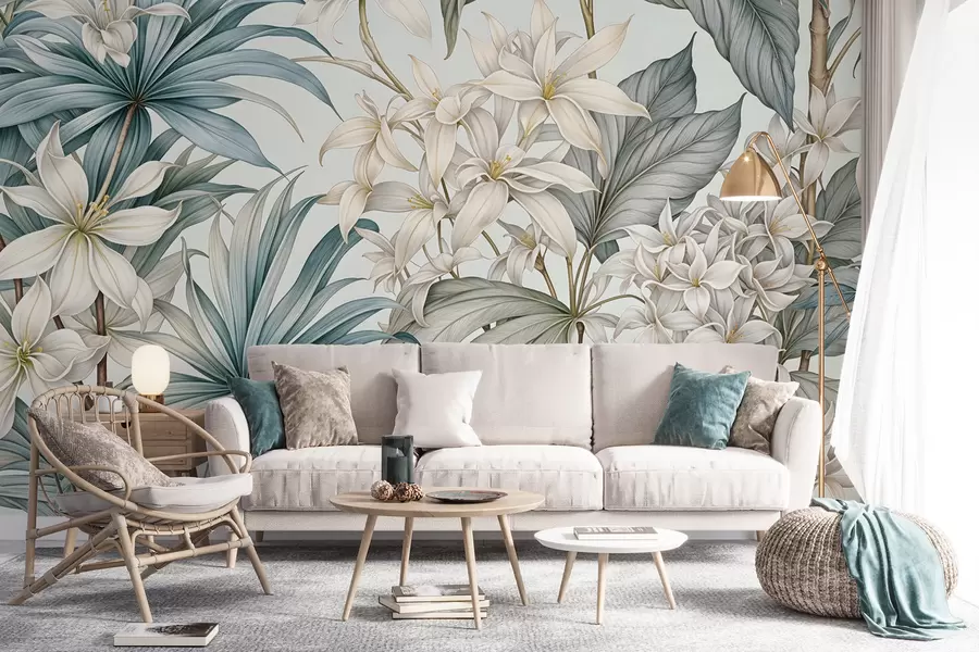 wall murals Тропски цветни принт са великим белим и светлоплавим цветовима, зеленим листовима и неутралном позадином w08318