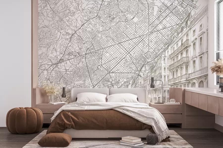 wall murals Мапа града Барселоне, цртање линија, архитектура, Шпанија, беж боје w01695