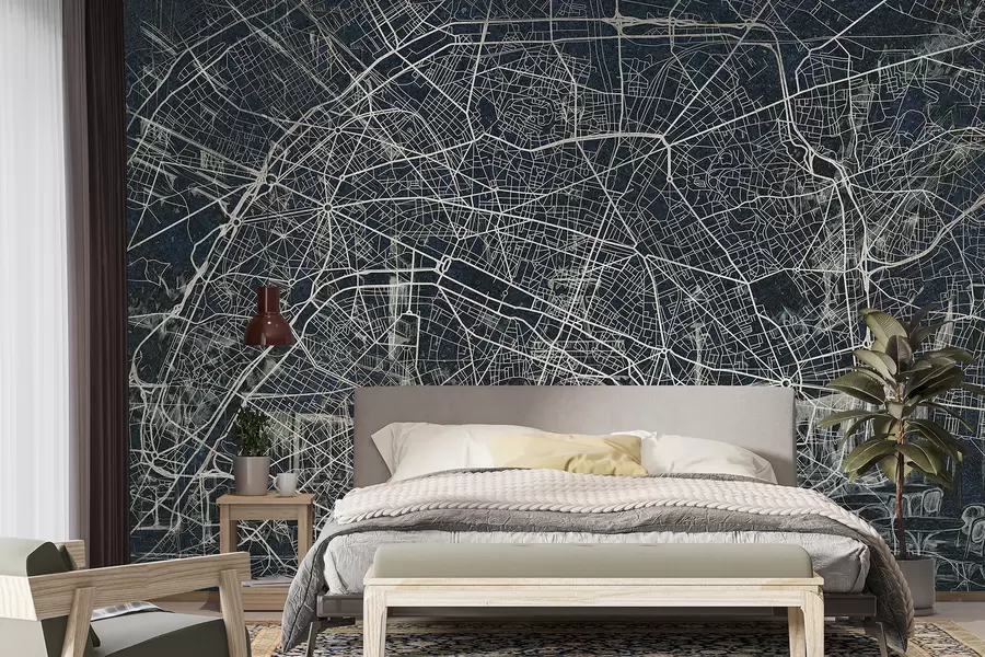 wall murals Карта града Париза, цртање линија, архитектура, Француска, тамне боје w01697v1