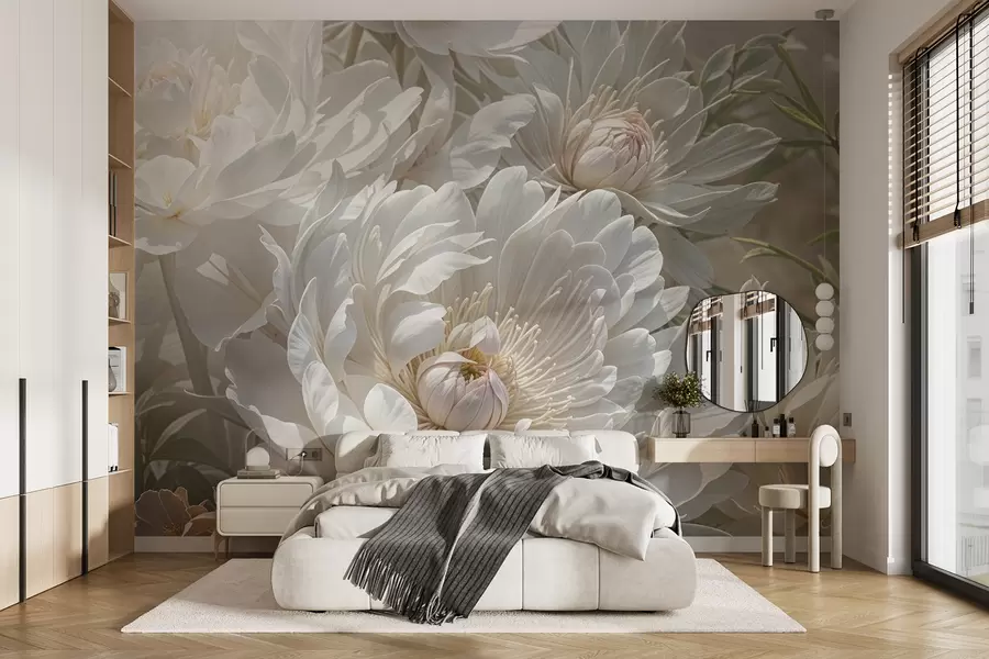 wall murals Крупни план великих, нежних цветова белог божура са меким, пухастим латицама и бледожутим средиштем  w08325
