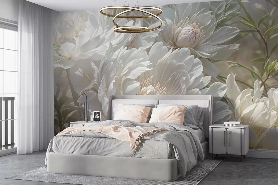 wall murals Крупни план великих, нежних цветова белог божура са меким, пухастим латицама и бледожутим средиштем  w08325