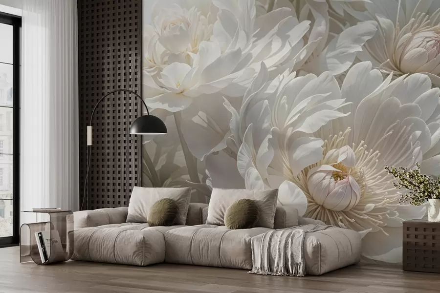 wall murals Крупни план великих, нежних цветова белог божура са меким, пухастим латицама и бледожутим средиштем  w08325