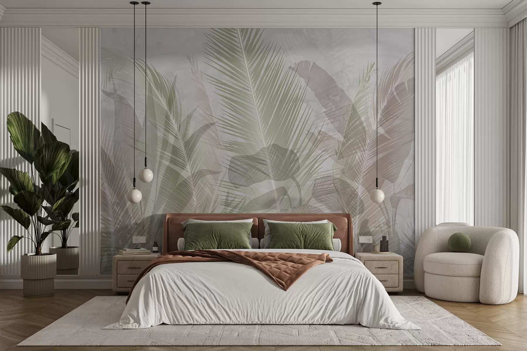 wall murals Тропско палмино лишће у нежним пастелним бојама, са замућеном и магловитом текстурираном позадином w08326