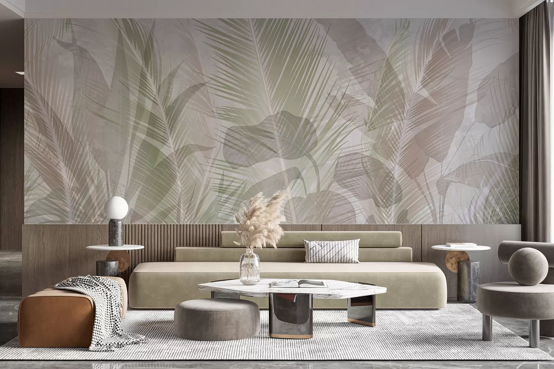 wall murals Тропско палмино лишће у нежним пастелним бојама, са замућеном и магловитом текстурираном позадином w08326