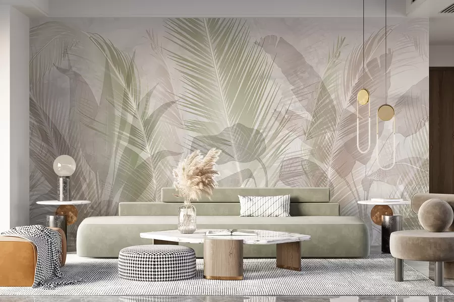 wall murals Тропско палмино лишће у нежним пастелним бојама, са замућеном и магловитом текстурираном позадином w08326