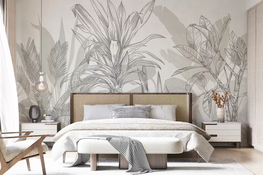 wall murals Тропске графичке биљке са великим, бујним листовима и цвећем у нијансама сиве и беле са цветним зеленим силуетама  w08327