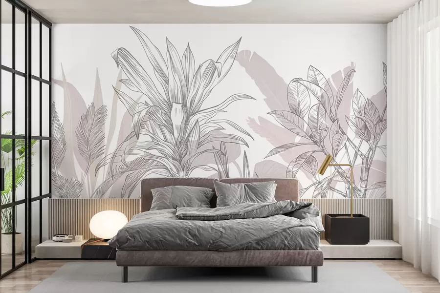 wall murals Тропске графичке биљке са великим, бујним листовима и цвећем у нијансама сиве и беле са цветним ружичастим силуетама  w08327v1